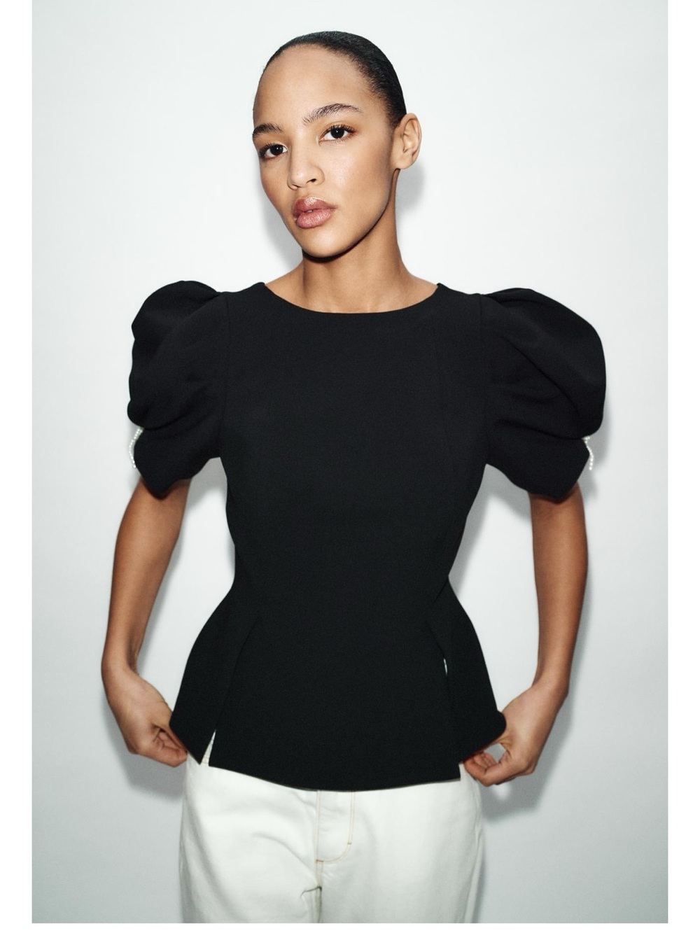Zara Pearl Bow Balloon Sleeve Top NWT XS